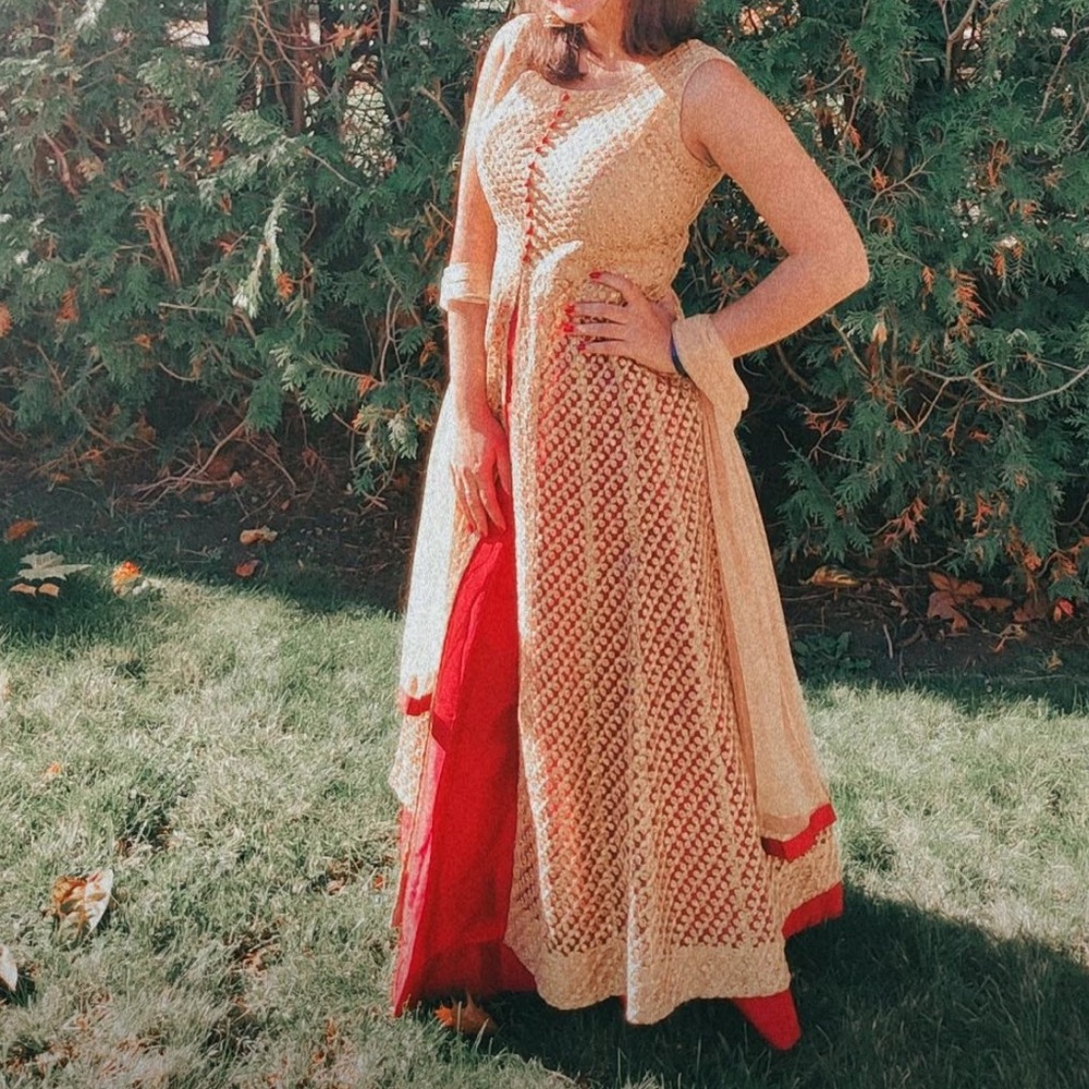 An Indian outfit with a dress top and skirt